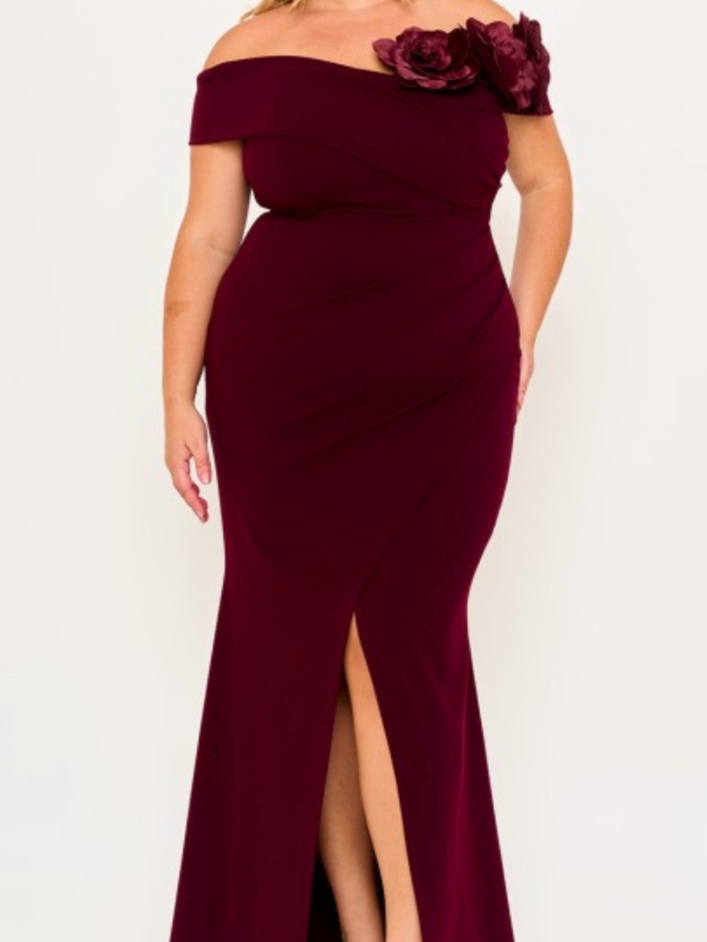 Plus size Burgundy Evening Gown with Floral Accent